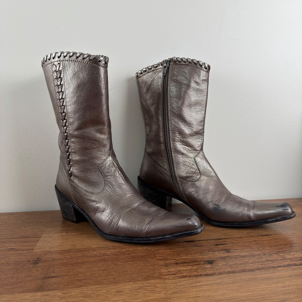 Stuart Weitzman Metallic Bronze Leather Whipstitch Western Boots Made in Spain 7